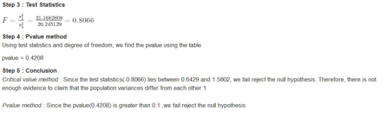 Step 3: Test Statistics F__ $1 – 21.1682808 s 26.2451 29 0.8066 Step 4: Pvalue method Using test statistics and degree of fre