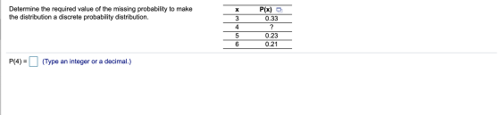 | Determine the required value of the missing probability to make the distribution a discrete probability distribution. ادب |