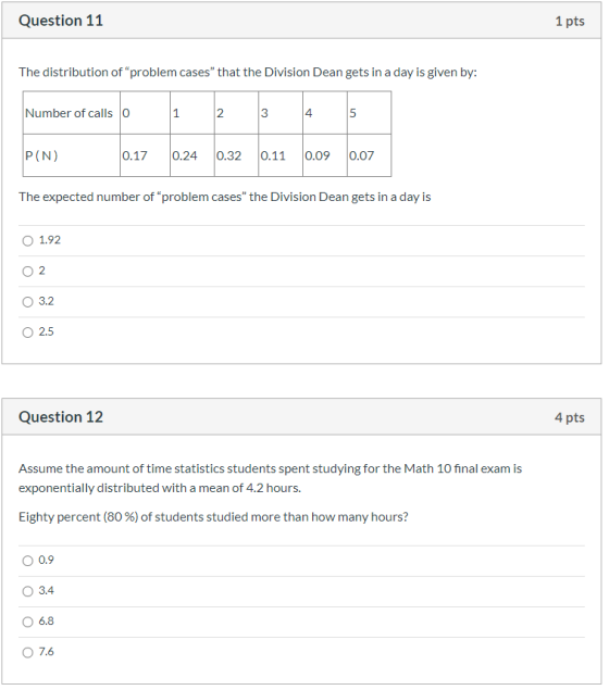 Question 11 1 pts The distribution of “problem cases that the Division Dean gets in a day is given by: Number of calls o 1 2