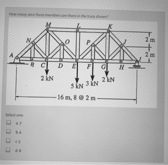 How many zero-force members are there in the truss shown? M L K T N o P 2 m + A 2 m o O O o в с D E F G н 2 kN 2 kN 5 kN 3 kN
