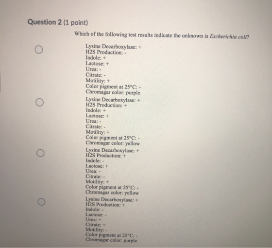 Question 2 (1 point) Which of the following test results indicate the unknown is Escherichia coli? Lysine Decarboxylase: + H2