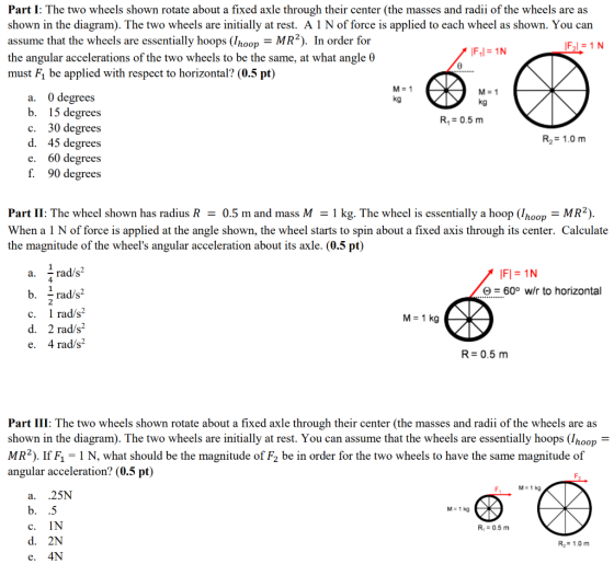 Part I: The two wheels shown rotate about a fixed axle through their center (the masses and radii of the wheels are as shown