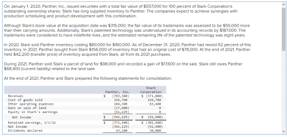 On January 1, 2020, Panther, Inc., issued securities with a total fair value of $557,000 for 100 percent of Stark Corporation