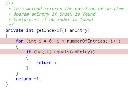 kx * This method returns the position of an item zk *@param anEntry if index is found * @return -1 if no index is found private int getIndexOf (T anEntry) for (int i = 0; i < number0fEntries; i++) if (bag[i].equals (anEntry)) return i; return 1;