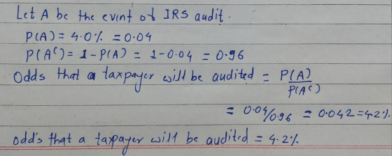 Let A be the evint o 1R5 audit PLA): 4.01. ニ0.04 p(AC) 1-P(A 1-0 04- 0g6 Odds +hal a taxpayer will be audited-PLA2 PAC) a apayer ui
