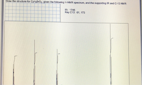 braw the structure for Cot,BrO2 given the following H-NMR spectrum, and the supporting IR and C-13 NMR IR: 1745 Key C13: 61,