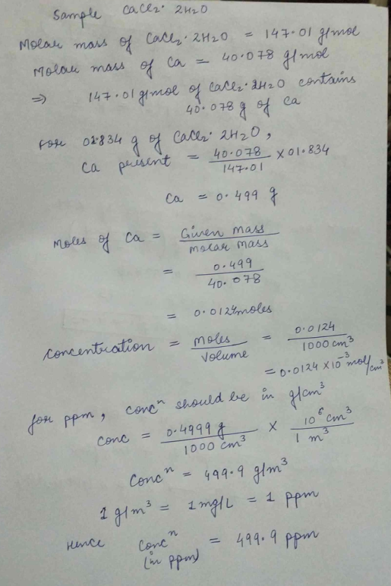 Sample calls 2420 Molar mars of Calle 2H2O = 147.01 gemoe Molau mass of ca = 40.078 g/mol - 147. olginal of each 2420 contain