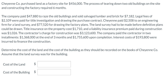 Cheyenne Co. purchased land as a factory site for $456,000. The process of tearing down two old buildings on the site and con