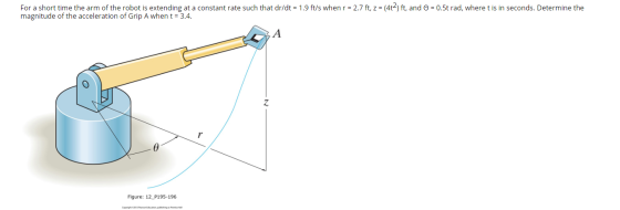 For a short time the arm of the robot is extending at a constant rate such that dr/dt = 1.9 ft/s when r = 2.7 ft, z = (412) f