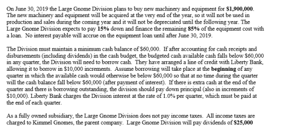 On June 30, 2019 the Large Gnome Division plans to buy new machinery and equipment for $1,900,000. The new machinery and equi