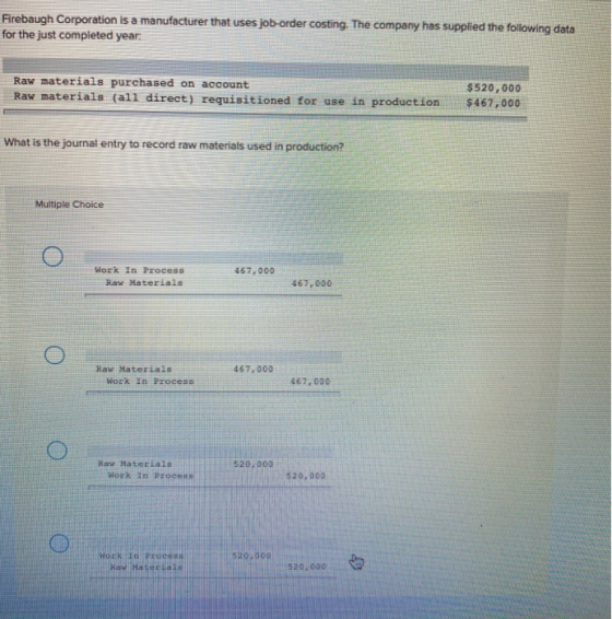 Firebaugh Corporation is a manufacturer that uses job-order costing. The company has supplied the following data for the just