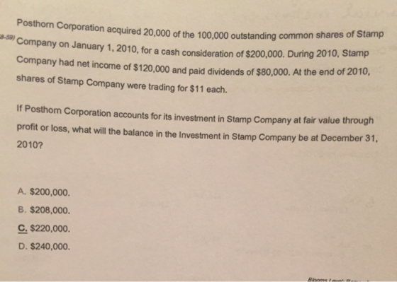 Posthorn Corporation acquired 20.000 of the 100.000 outstanding common shares of Stamp Company on January 1, 2010, for a cash