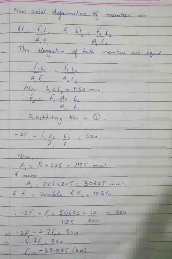 Now axial deformation of members are S1 F, L, 4 s. fol, - A, E, A E₂ The elongation of both members are equal .: F.L, - fu la