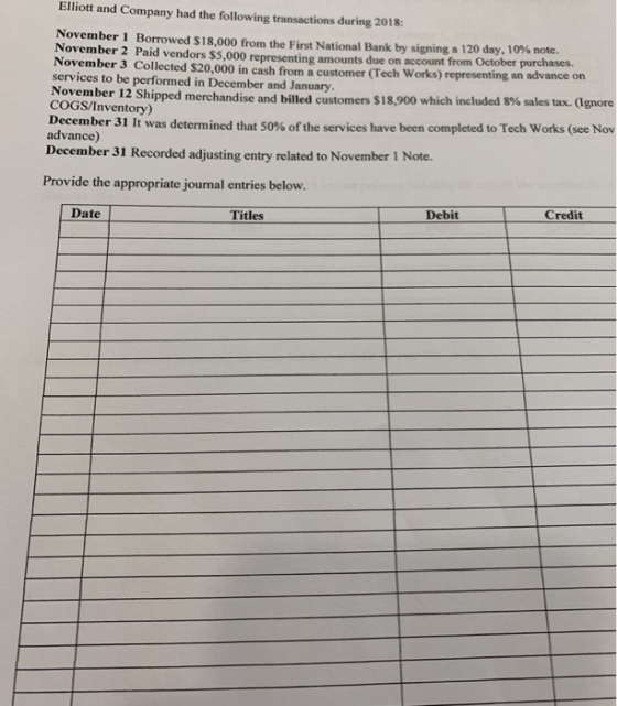 Elliott and Company had the following transactions during 2018: November 1 Borrowed $18,000 from the First National Bank by s