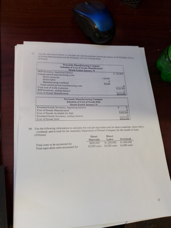 67 Use the information below to calculate the missing amounts (shown by letters in the Schedule of Cod of Goods Manufactured