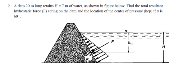 2. A dam 20 m long retains H = 7 m of water, as shown in figure below. Find the total resultant hydrostatic force (F) acting