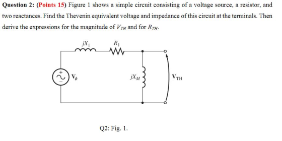 Question 2: (Points 15) Figure 1 shows a simple circuit consisting of a voltage source, a resistor, and woeactancesFind the Thevenin eqd impedance of this circuit at the teminals. Then derive the expressions for the magnitude of VTH and for RTH jXM TH Q2: Fig. 1