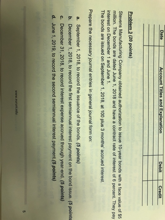 Date Account Titles and Explanation Debit Credit Problem 3 (20 points) Stevens Manufacturing Company obtained authorization t