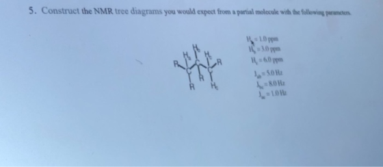 5. Construct the NMR tree diagrams you would expect from a partial molecule with the following parameters 10 ppen 1 = 30ppm 1