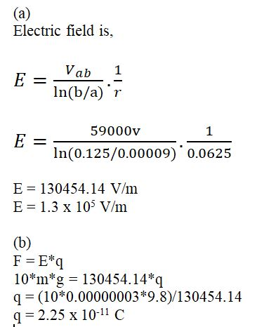 Electric field is, FVab 1 Eln(b/a) r 59000v In(0.125/0.00009) o.0625 E 130454.14 V/m E= 1.3 x 105 V/m 10*m*g -130454.14*q q=