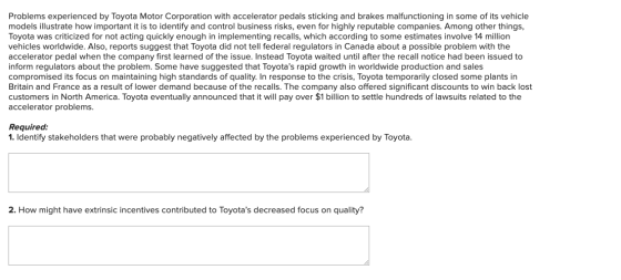 Problems experienced by Toyota Motor Corporation with accelerator pedals sticking and brakes malfunctioning in some of its ve