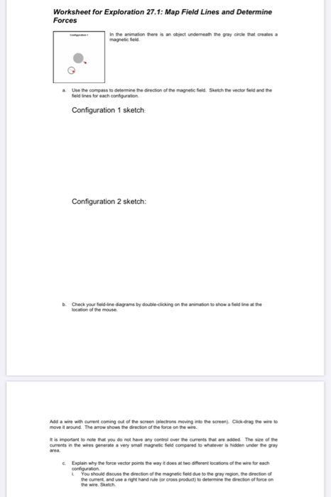 Worksheet for Exploration 27.1: Map Field Lines and Determine Forces in the animation there is an object undemath the gray ci