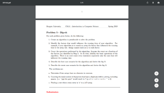 S19-A6.pdf 2/5 Rutgers University CS111 - Inlroduction to Computer Science Spring 2019 Problem 5 Big-oh For cach problen give