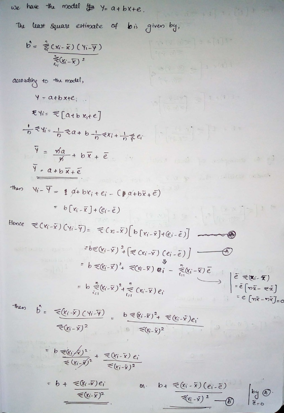 we have the model & Y= at bxte. of bis givers by the least square estimate 6- cxi-2) (Yi-y) according to the model, Y - atbxt
