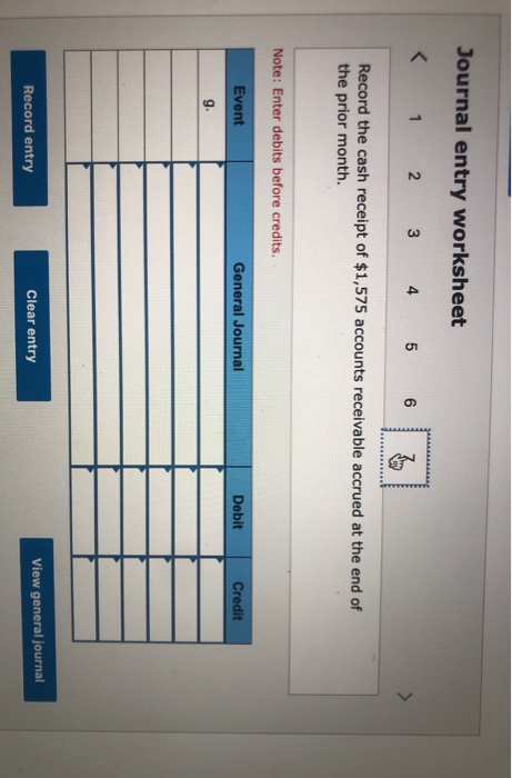 Journal entry worksheet < 1 2 3 4 5 6 7 Record the cash receipt of $1,575 accounts receivable accrued at the end of the prior