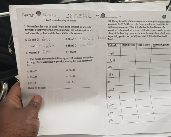 NAme SAnIRA ID 05100 9 Worksheet-Polarity of Bonds III. Using the table of electronegativities from your Periodic table calcu
