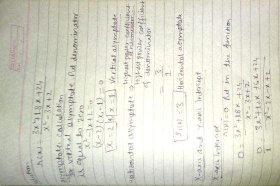 DELIA Page flo S18x424 x-3x+2 Y vetikal asymptote Put danominater -2)(x-1) X-21 1Vertical asymptote Hitet pase coficint it po