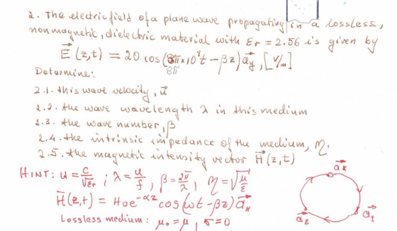 2. The electric field of a plane wave propagating on a lossless, non magnetic, dielectric material with Er = 2.56 is given by