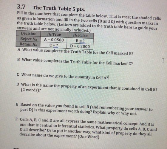 3.7 The Truth Table 5 pts. Fill in the numbers that complete the table below. That is treat the shaded cells as given informa
