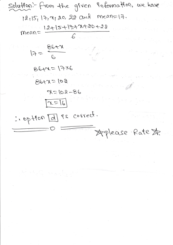 solution from the given information, we have 12115, 17, 9, 20, 2g and mean=17. 12+15+17.+2.420 +22 6 Means 86+u 17= 6 86th =