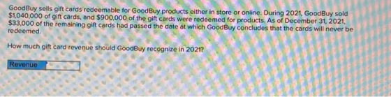 GoodBuy sells gift cards redeemable for GoodBuy products either in store or online. During 2021, GoodBuy sold $1,040,000 of g