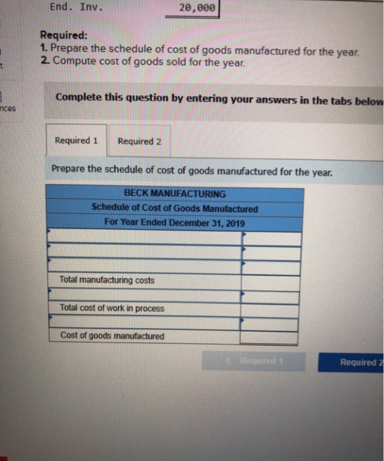 End. Inv. 20,000 Required: 1. Prepare the schedule of cost of goods manufactured for the year 2. Compute cost of goods sold f