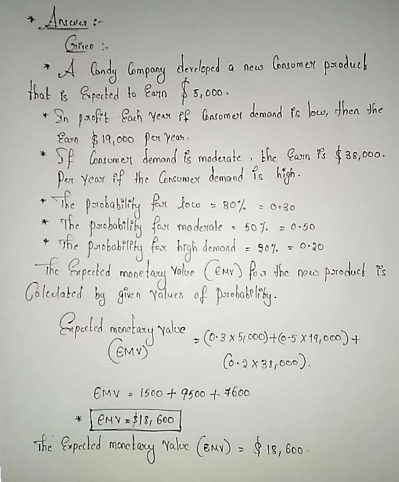 landy ompany developed a neuw lonsumet patodul has Speed to a 5, 000 Coch Neax ff Ontomel demand fs low, then Jhe nt demand s madeate the Gain 1 $38,000. e Concomo demand s high moderale , 50% 20.50 EMv) EMV 1500 + 9500 + 600 EN 18 600