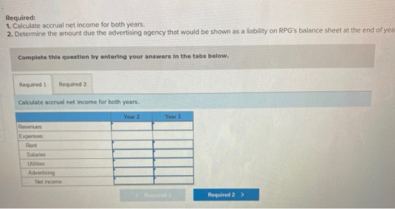 Required: 1. Calculate accrual net income for both years. 2. Determine the amount due the advertising agency that would be sh