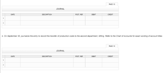 PAGE 10 JOURNAL DESCRIPTION POST. REF. DEBIT CREDIT b. On September 30, journalize the entry to record the transfer of produc