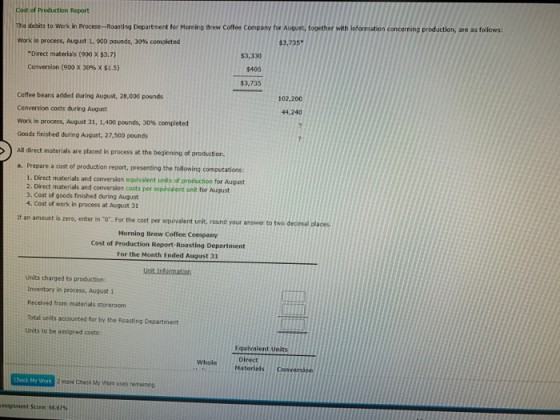 Cost of Production Report The debits to Work in Process -Roasting Department for Morning Brew Coffee Company for August, toge