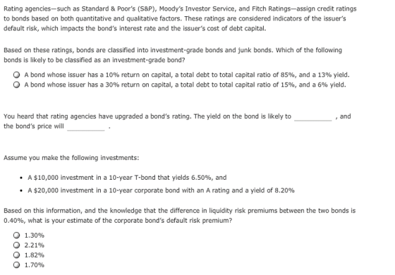 Rating agencies-such as Standard & Poors (S&P), Moodys Investor Service, and Fitch Ratings-assign credit ratings to bonds b