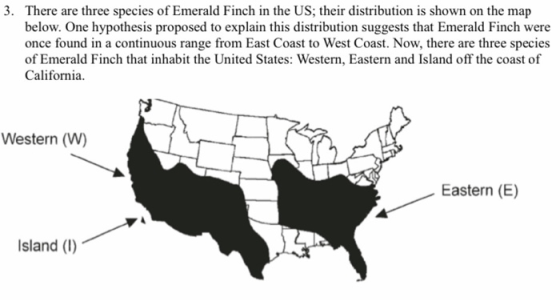 3. There are three species of Emerald Finch in the US, their distribution is shown on the map below. One hypothesis proposed