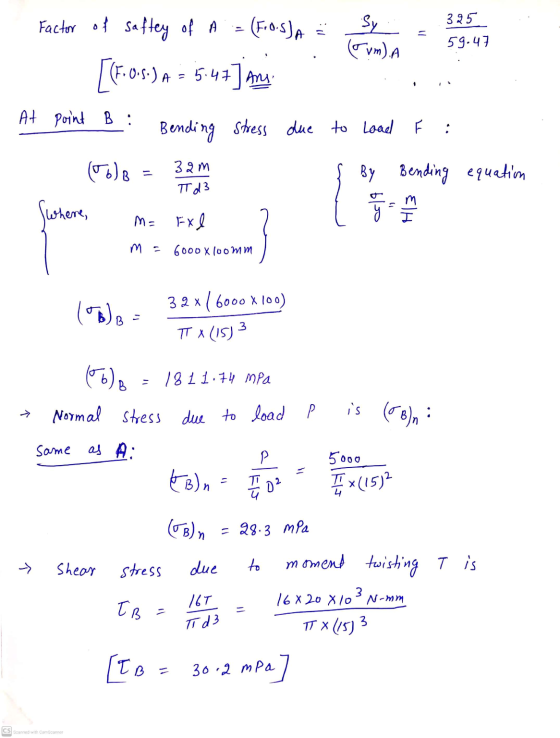 Sy 395 = Factor of saftey of A . (FOSJA : [(F.O.S.) A = 15 47] An (vm). A 59.47 At point B Bending stress due to Load F : FOD