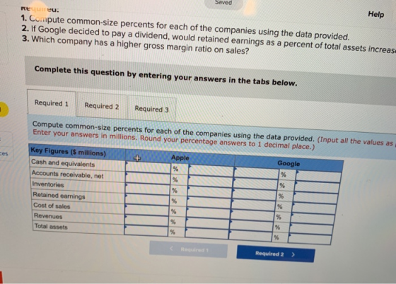Saved Help Reeu: 1. Compute common-size percents for each of the companies using the data provided. 2. If Google decided to p