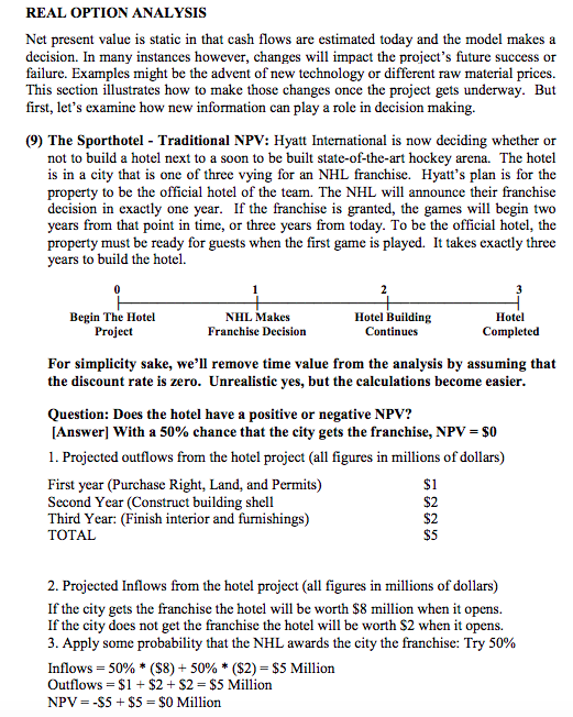 REAL OPTION ANALYSIS Net present value is static in that cash flows are estimated today and the model makes a decision. In many instances however, changes will impact the projects future success or failure. Examples might be the advent of new technology or different raw material prices. This section illustrates how to make those changes once the project gets underway. But first, lets examine how new information can play a role in decision making. (9) The Sporthotel -Traditional NPV: Hyatt International is now deciding whether or not to build a hotel next to a soon to be built state-of-the-art hockey arena. The hotel is in a city that is one of three vying for an NHL franchise. Hyatts plan is for the property to be the official hotel of the team. The NHL will announce their franchise decision in exactly one year. If the franchise is granted, the games will begin two years from that point in time, or three years from today. To be the official hotel, the property must be ready for guests when the first game is played. It takes exactly three years to build the hotel. Begin The Hotel Project NHL Makes Franchise Decision Hotel Building Continues Hotel Completed For simplicity sake, well remove time value from the analysis by assuming that the discount rate is zero. Unrealistic yes, but the calculations become easier Question: Does the hotel have a positive or negative NPV? [Answer] With a 50% chance that the city gets the franchise, NPV $0 1. Projected outflows from the hotel project (all figures in millions of dollars) First year (Purchase Right, Land, and Permits) Second Year (Construct building shell Third Year: (Finish interior and furnishings) TOTAL $1 $2 $2 $5 2. Projected Inflows from the hotel project (all figures in millions of dollars) If the city gets the franchise the hotel will be worth $8 million when it opens. If the city does not get the franchise the hotel will be worth $2 when it opens. 3. Apply some probability that the NHL awards the city the franchise: Try 50% Inflows.. 50% * ($8) + 50% * ($2)-$5 Million Outflows $1$2 $2 $5 Million NPV =-$5 + $5 = $0 Million