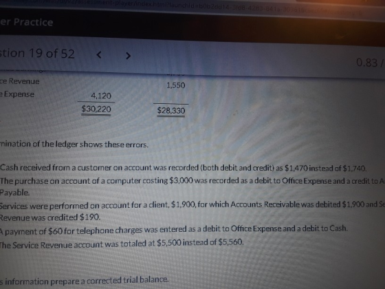 ent-player/index.htmirlaunchid=bob2dd14-3id8-4283-84 ROBE er Practice stion 19 of 52 < > 0.83 / ce Revenue = Expense 1,550 4,