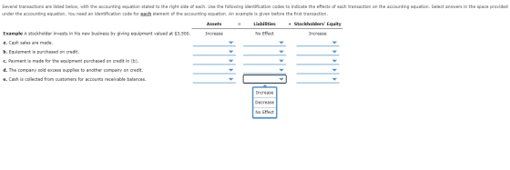 Several transactions are listed below, with the accounting equation stated to the right side of each. Use the following ident