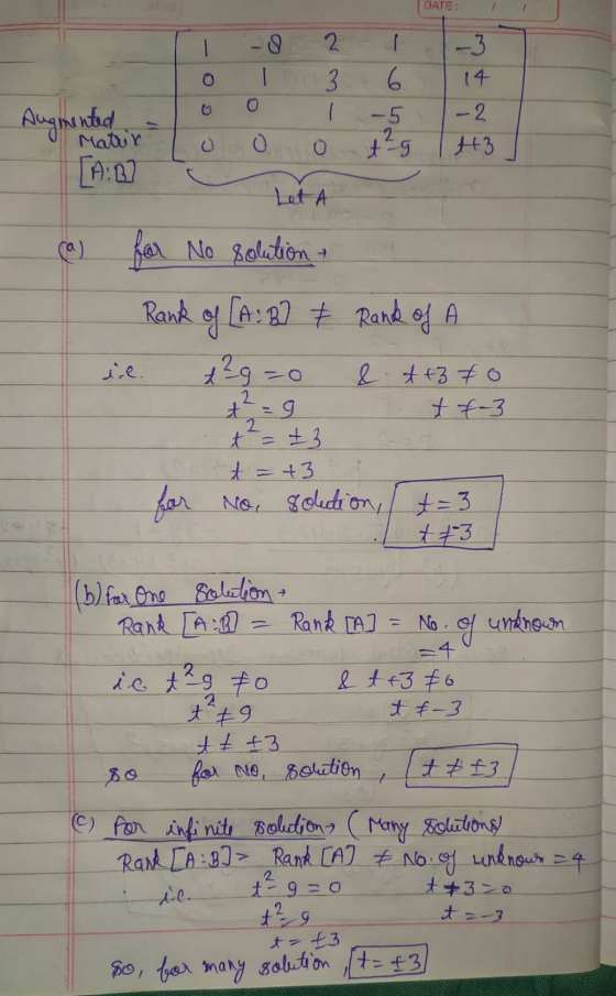DATE: 2 - - 6. درا -3 14 - 2 H3 - Augmented Matrix thg [4:3] Let A (a) for No solution- Rank of [A:B] & Rank of A +39=0 id. &