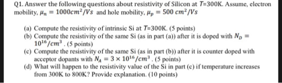 Q1. Answer the following questions about resistivity of Silicon at T=300K. Assume, electron mobility, Mn = 1000cm2/Vs and hol