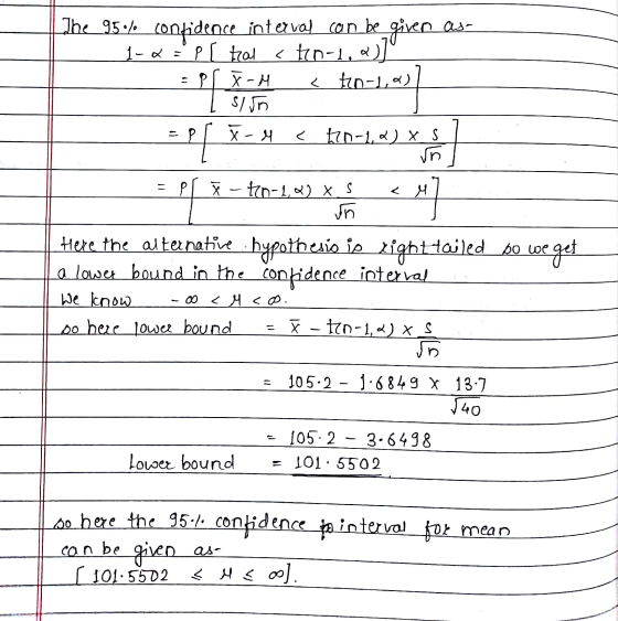 P = The 95% confidence interval can be given as- 1-a tral <tin-1.a 2)] PL X-M port < tin-1,a) SI X-M < tin-12) X S ñ Pr 7h-1,